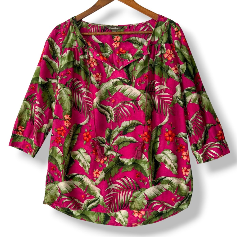 Tommy Bahama Blouse XS Pink Tropical Floral Silk Cotton Tassel Boho Vacation